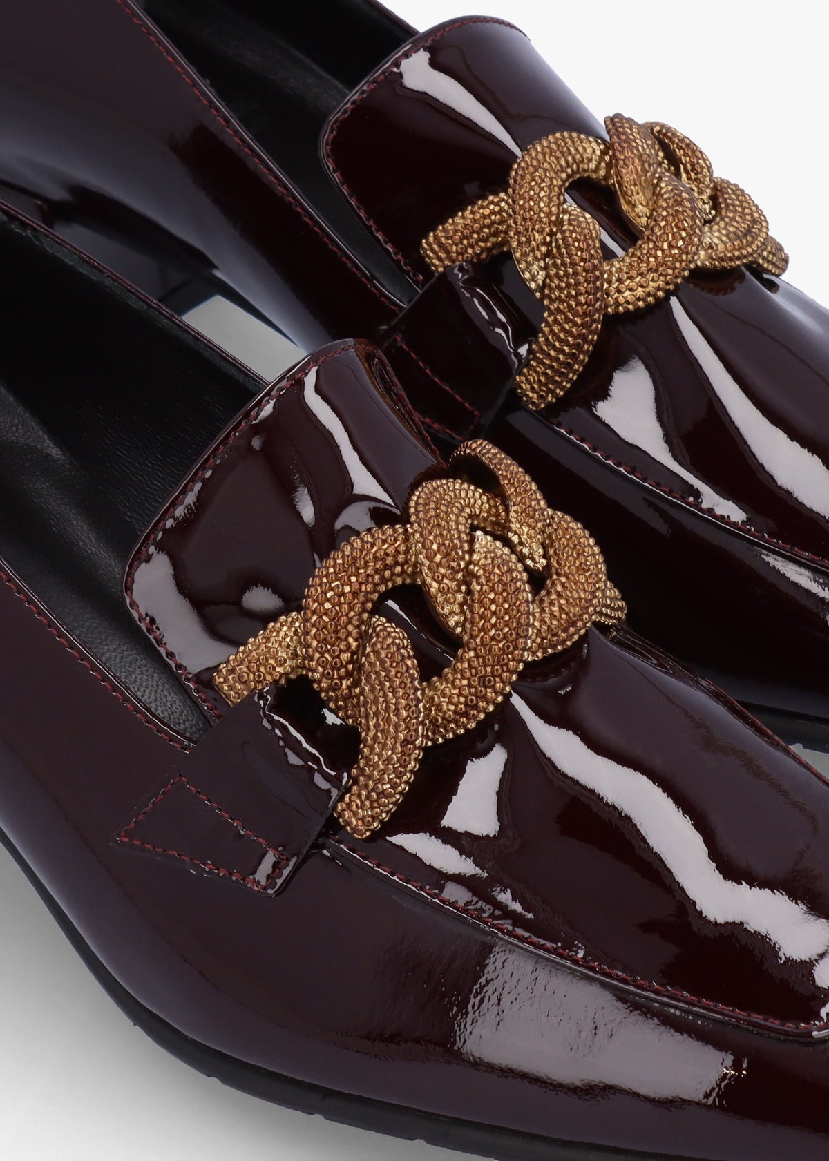 Burgundy Patent Leather Chain Link Low Heel Loafers
