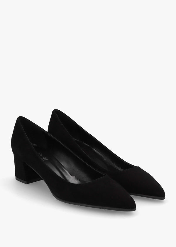 Black Suede Pointed Toe Block Heel Court Shoes