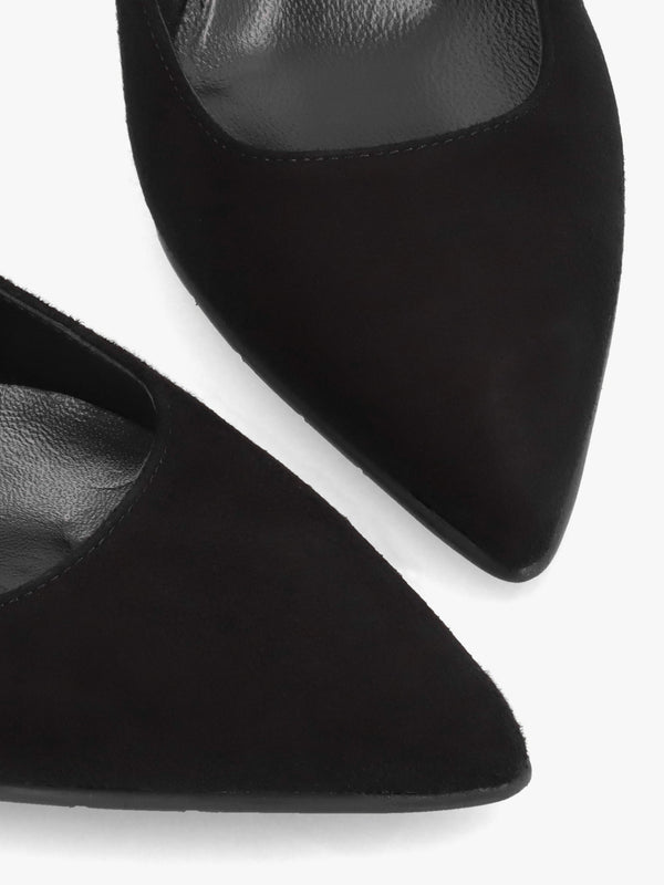 Black Suede Pointed Toe Block Heel Court Shoes