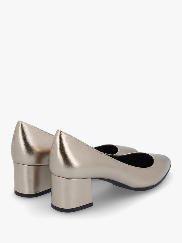 Pewter Leather Pointed Toe Block Heel Court Shoes