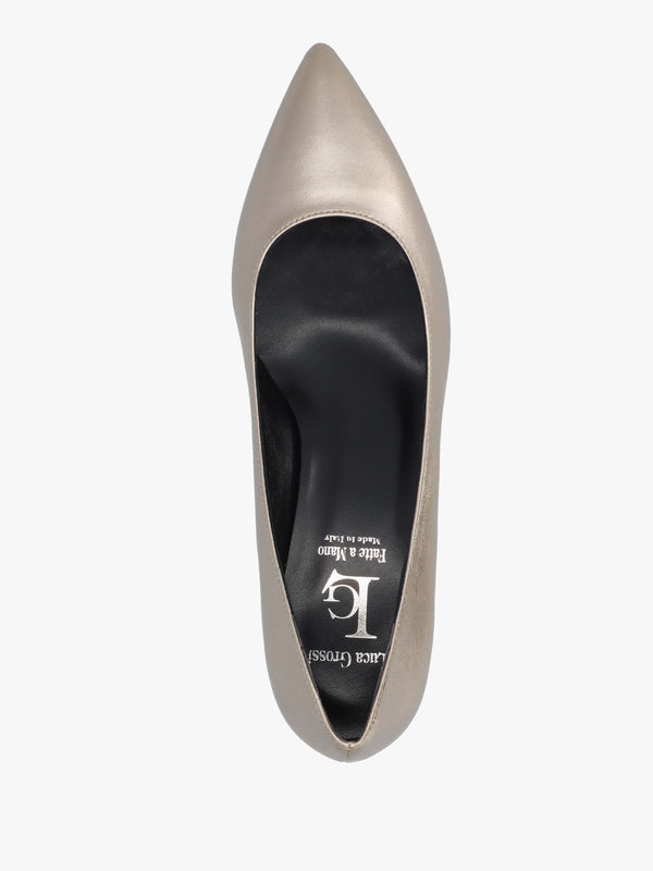 Pewter Leather Pointed Toe Block Heel Court Shoes