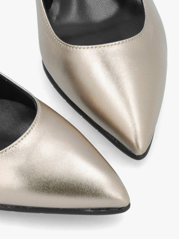 Pewter Leather Pointed Toe Block Heel Court Shoes