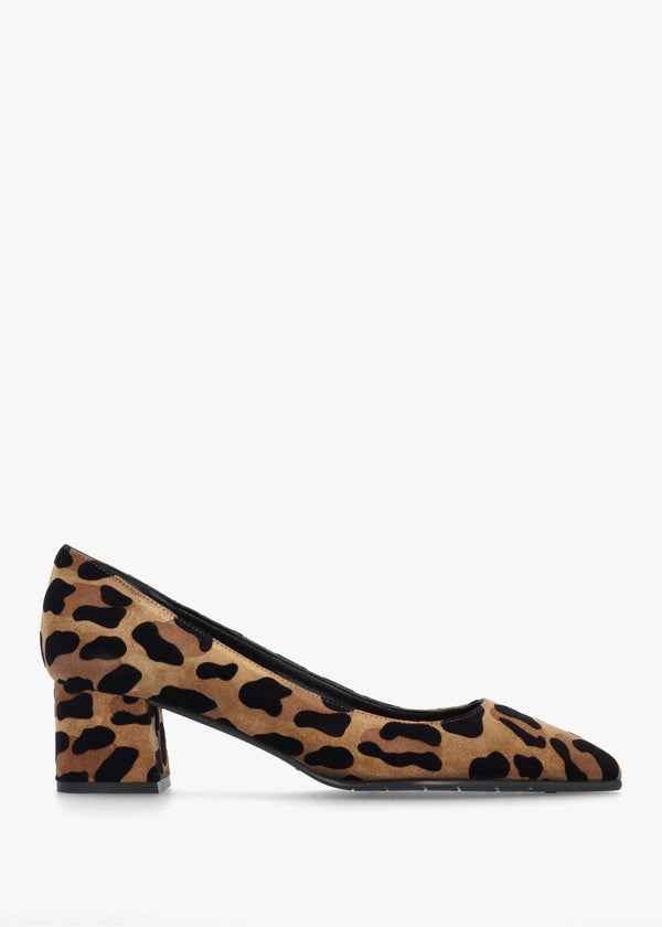 Leopard Suede Pointed Toe Block Heel Court Shoes