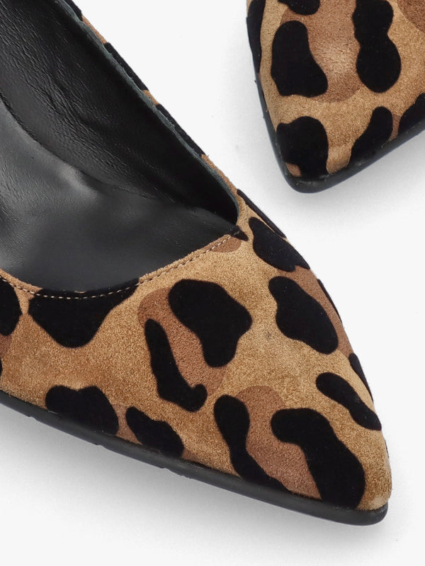 Leopard Suede Pointed Toe Block Heel Court Shoes