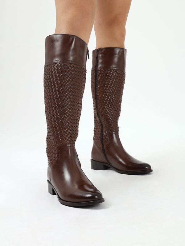 Solar Brown Leather Woven Knee Boots