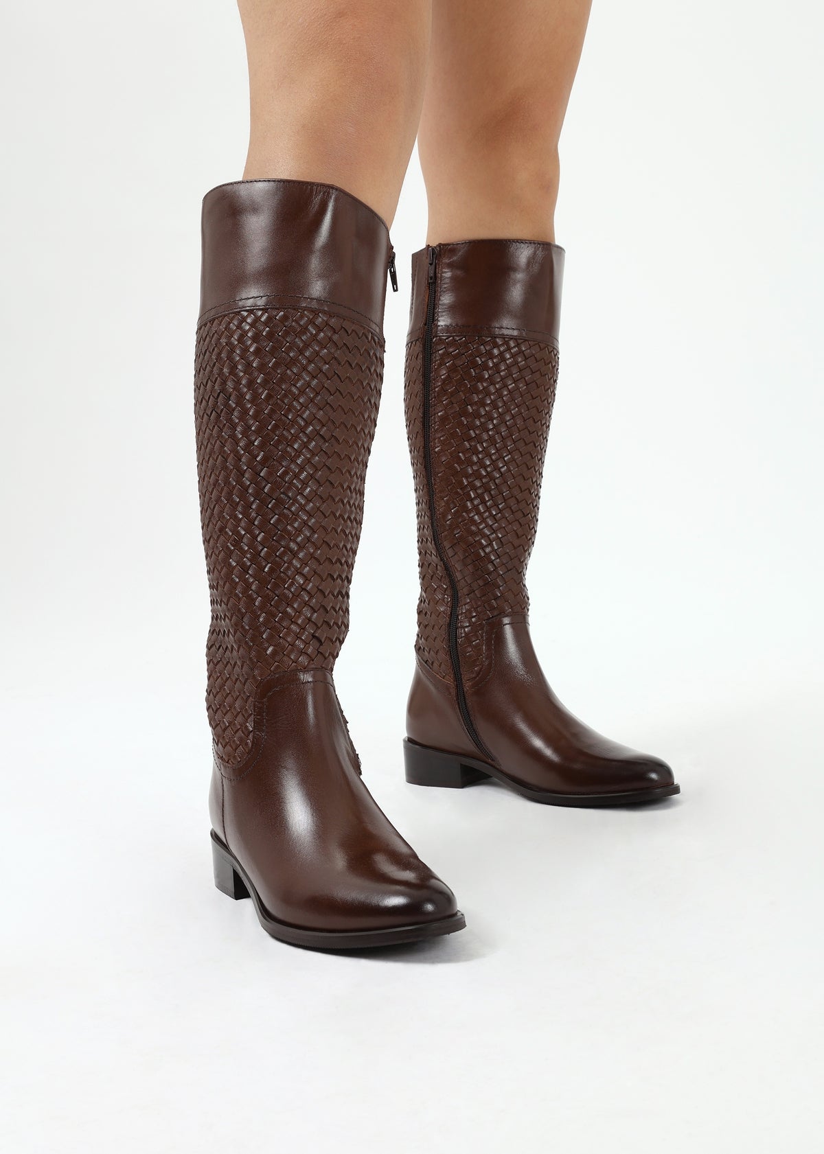 Solar Brown Leather Woven Knee Boots