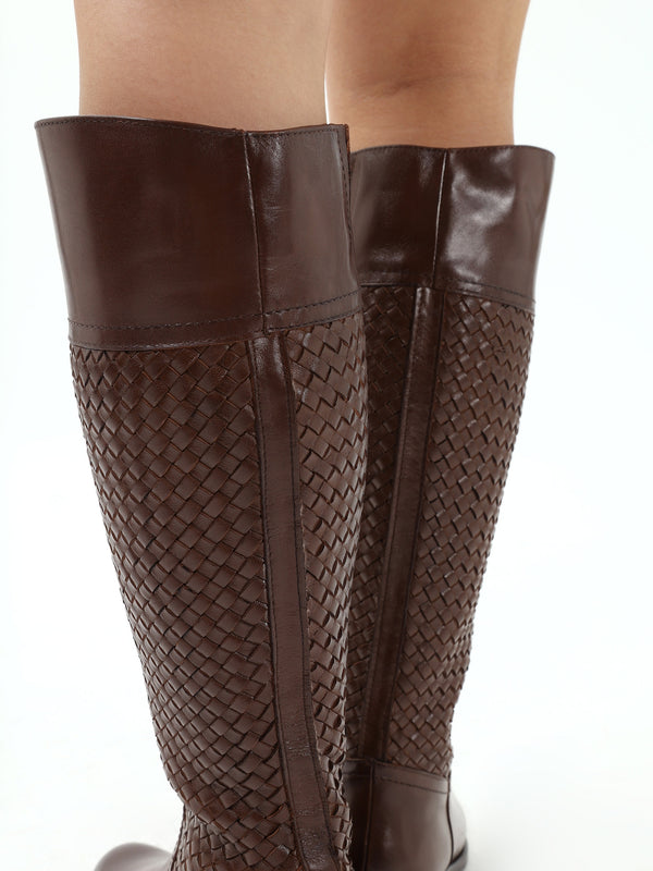 Solar Brown Leather Woven Knee Boots