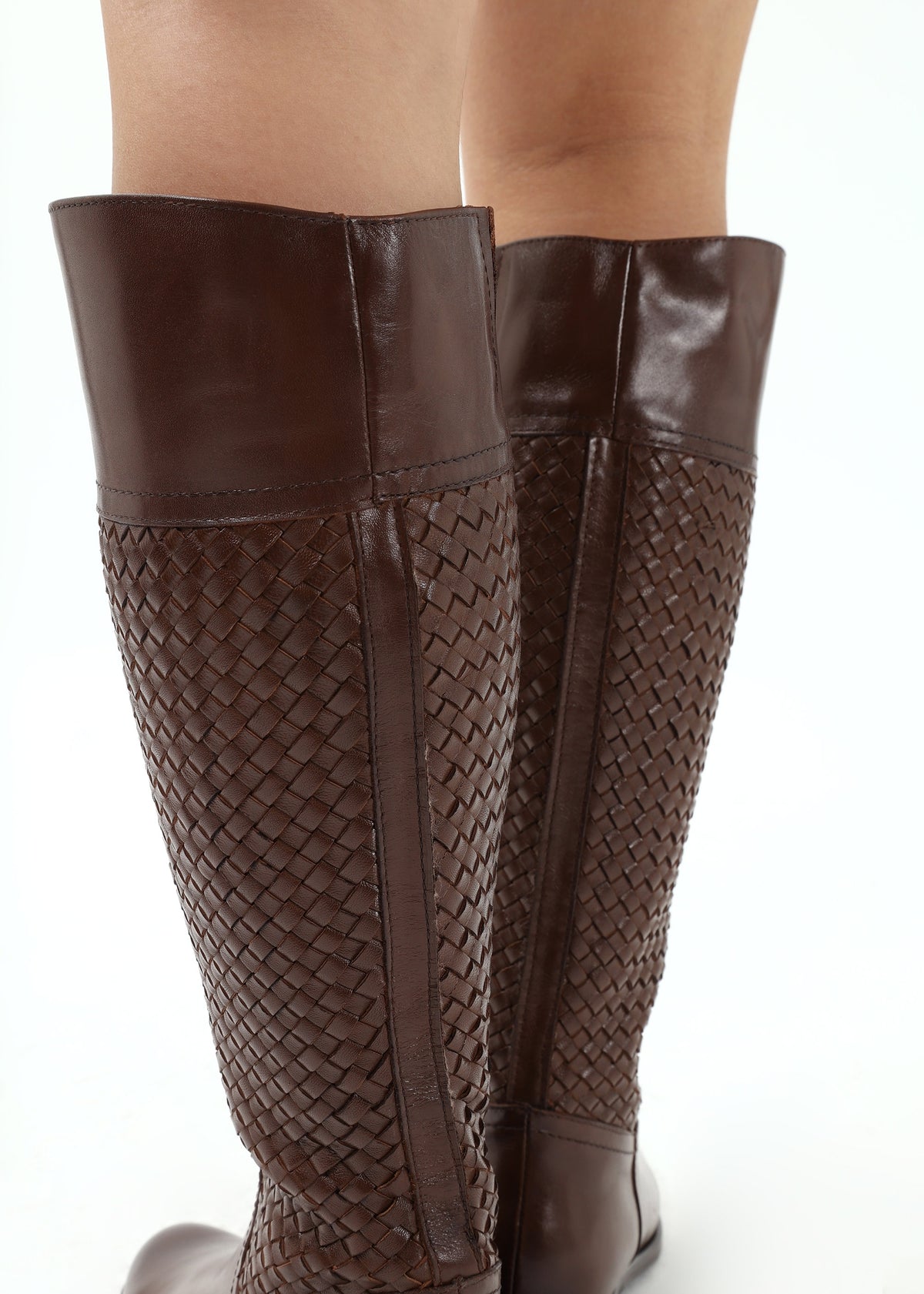 Solar Brown Leather Woven Knee Boots