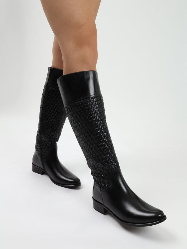 Solar Black Leather Woven Knee Boots