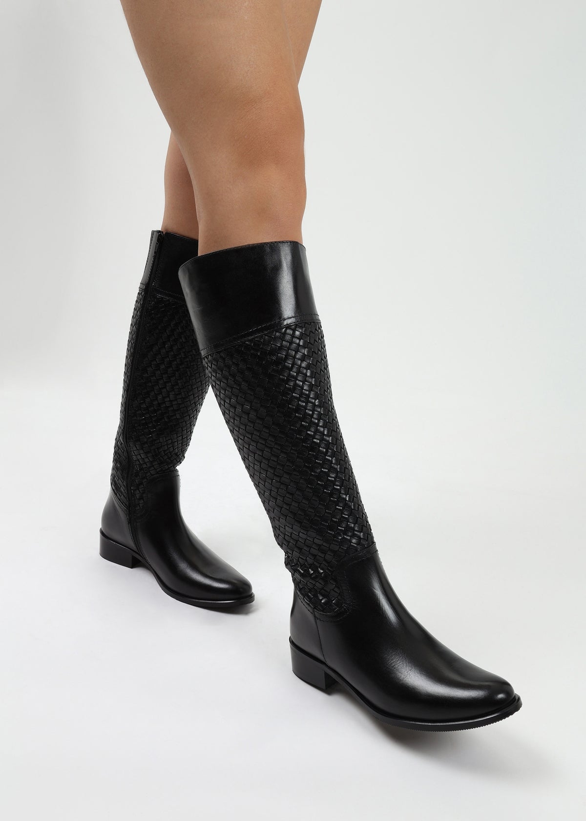 Solar Black Leather Woven Knee Boots