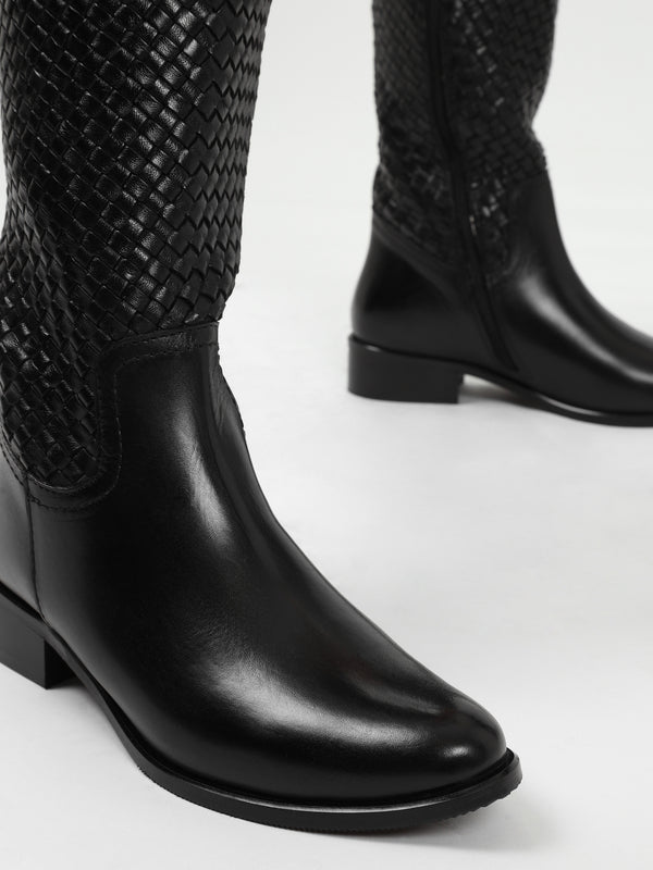 Solar Black Leather Woven Knee Boots