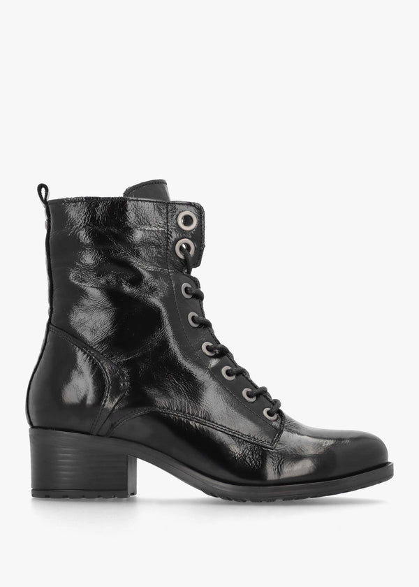 Bezzie Black Patent Leather Block Heel Ankle Boots