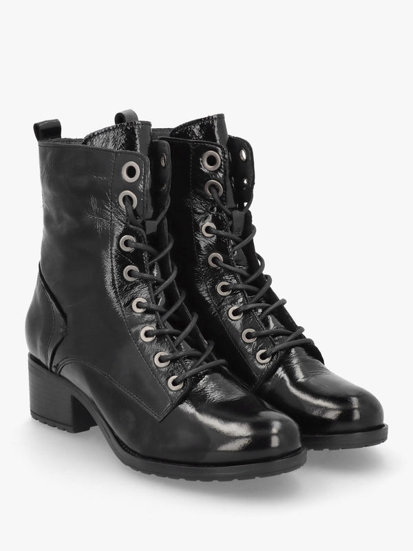 Bezzie Black Patent Leather Block Heel Ankle Boots