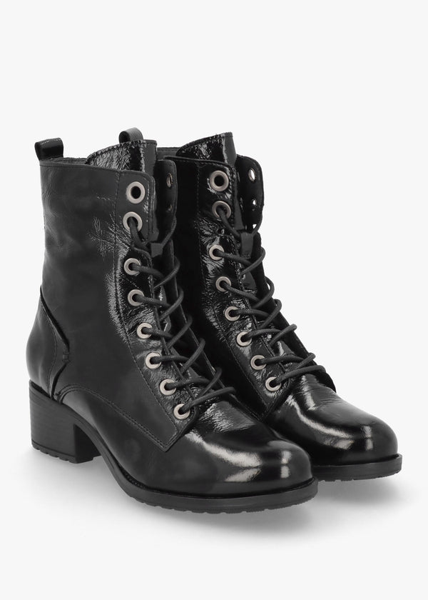 Bezzie Black Patent Leather Block Heel Ankle Boots