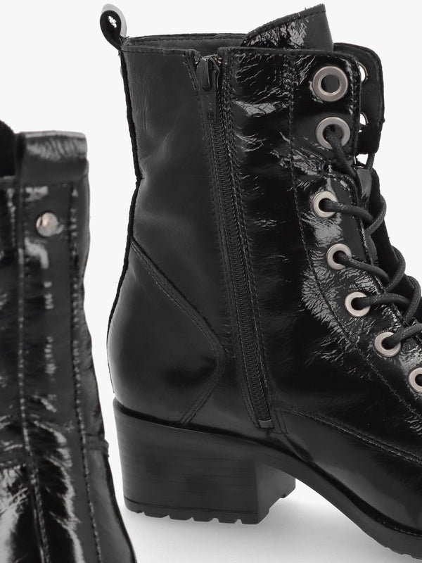 Bezzie Black Patent Leather Block Heel Ankle Boots