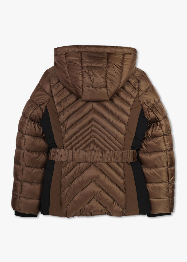Quilted Bronze Belted Puffer Jacket