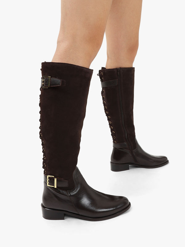 Slace Brown Suede Lace Up Knee Boots