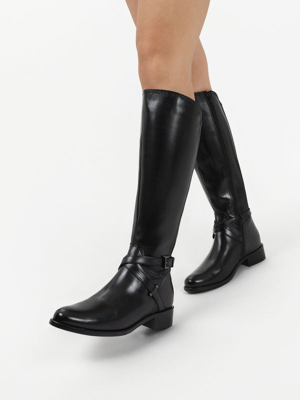 Slasty Black Leather Knee Boots
