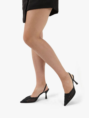 Tiffi Black Leather Woven Sling Back Mid Heel Court Shoes