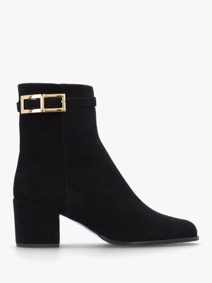 Pearl Black Suede Block Heel Ankle Boots