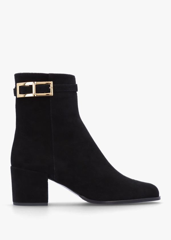 Pearl Black Suede Block Heel Ankle Boots