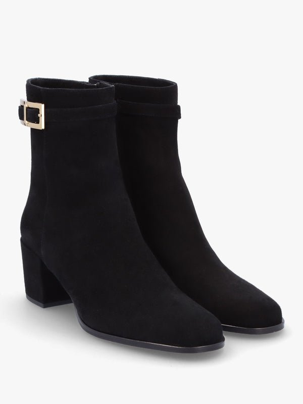 Pearl Black Suede Block Heel Ankle Boots