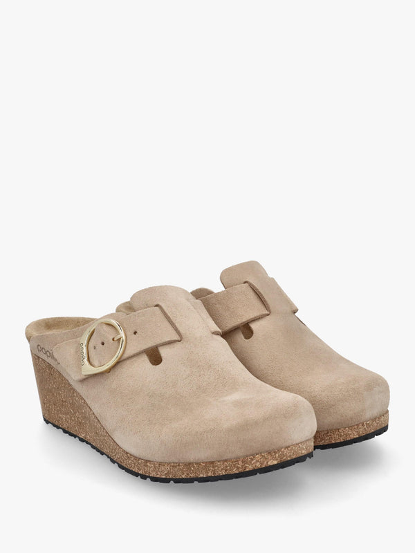 Fanny Ring Buckle Warm Sand Nubuck Wedge Mules