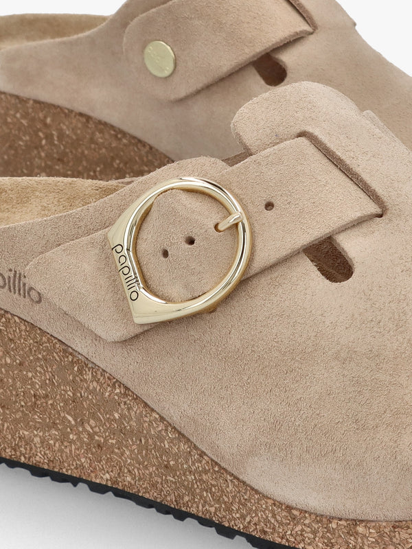 Fanny Ring Buckle Warm Sand Nubuck Wedge Mules