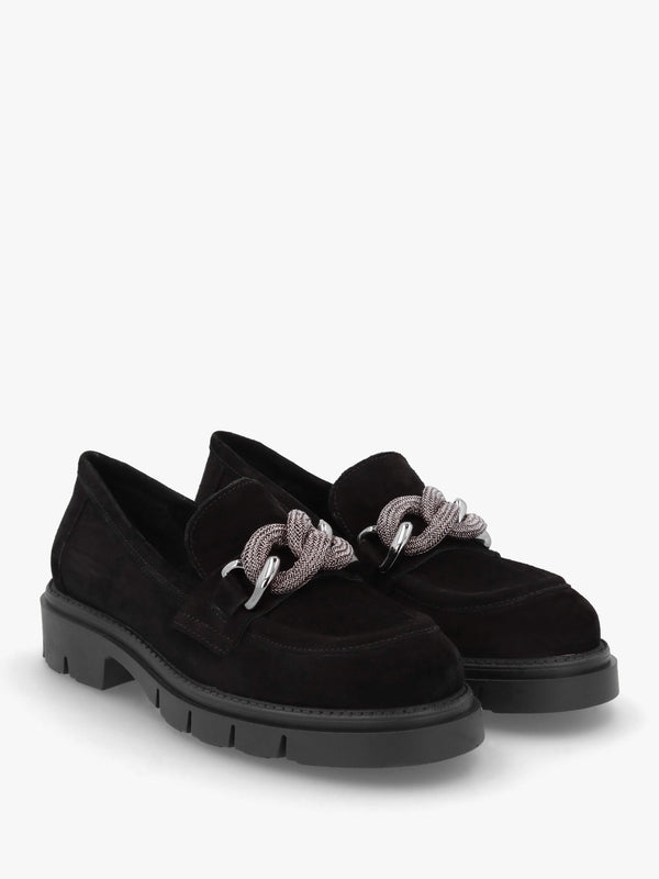 Lisbon Black Suede Link Chain Chunky Loafers