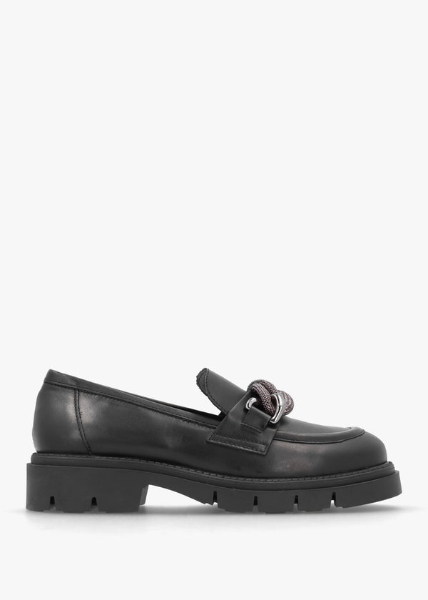 Lisbon Black Leather Link Chain Chunky Loafers