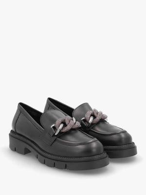 Lisbon Black Leather Link Chain Chunky Loafers