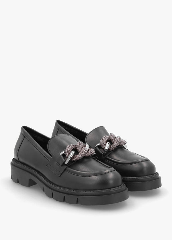 Lisbon Black Leather Link Chain Chunky Loafers
