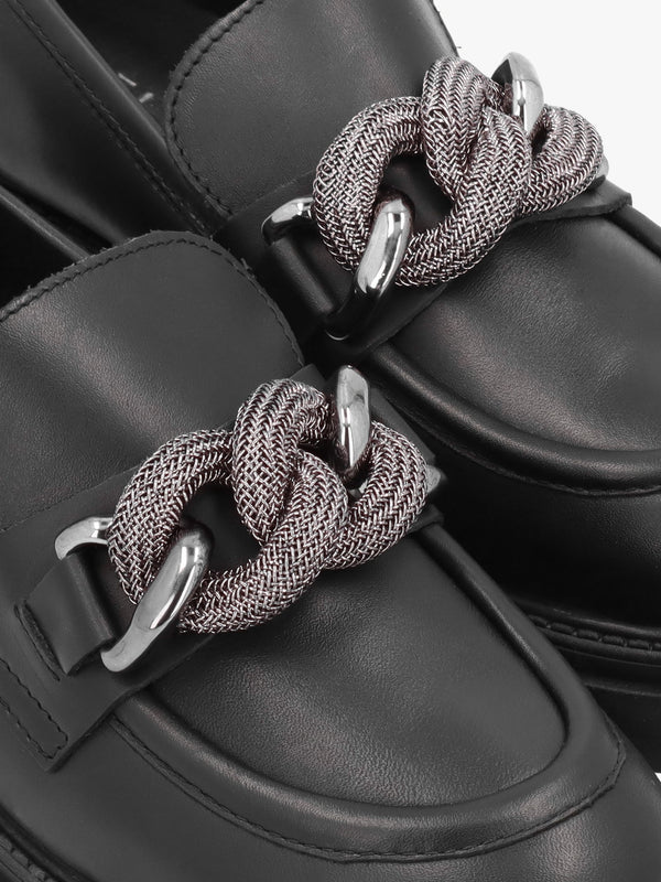 Lisbon Black Leather Link Chain Chunky Loafers