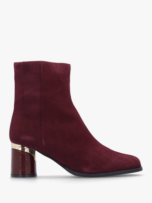 Penelope Burgundy Suede Gold Trim Heeled Ankle Boots
