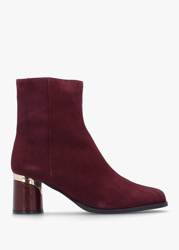 Penelope Burgundy Suede Gold Trim Heeled Ankle Boots