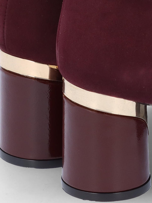 Penelope Burgundy Suede Gold Trim Heeled Ankle Boots
