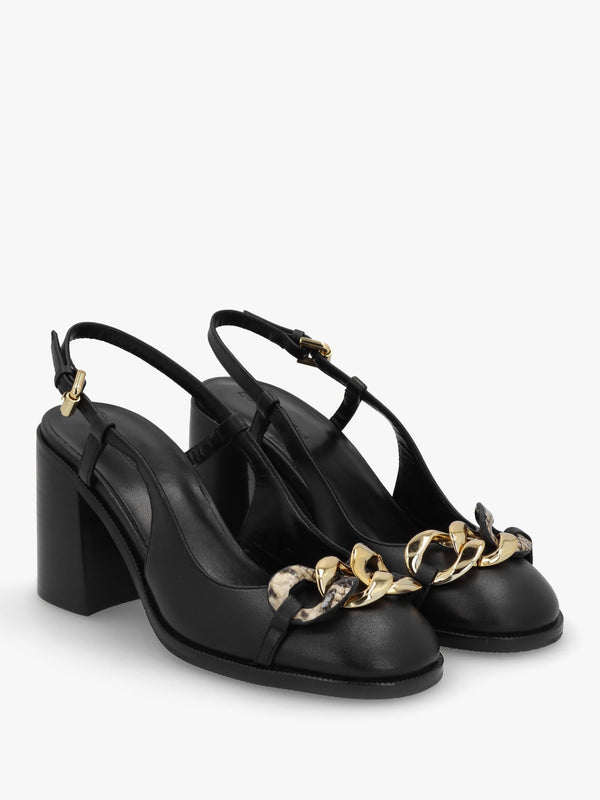 Chain Line Black Leather Block Heel Pumps