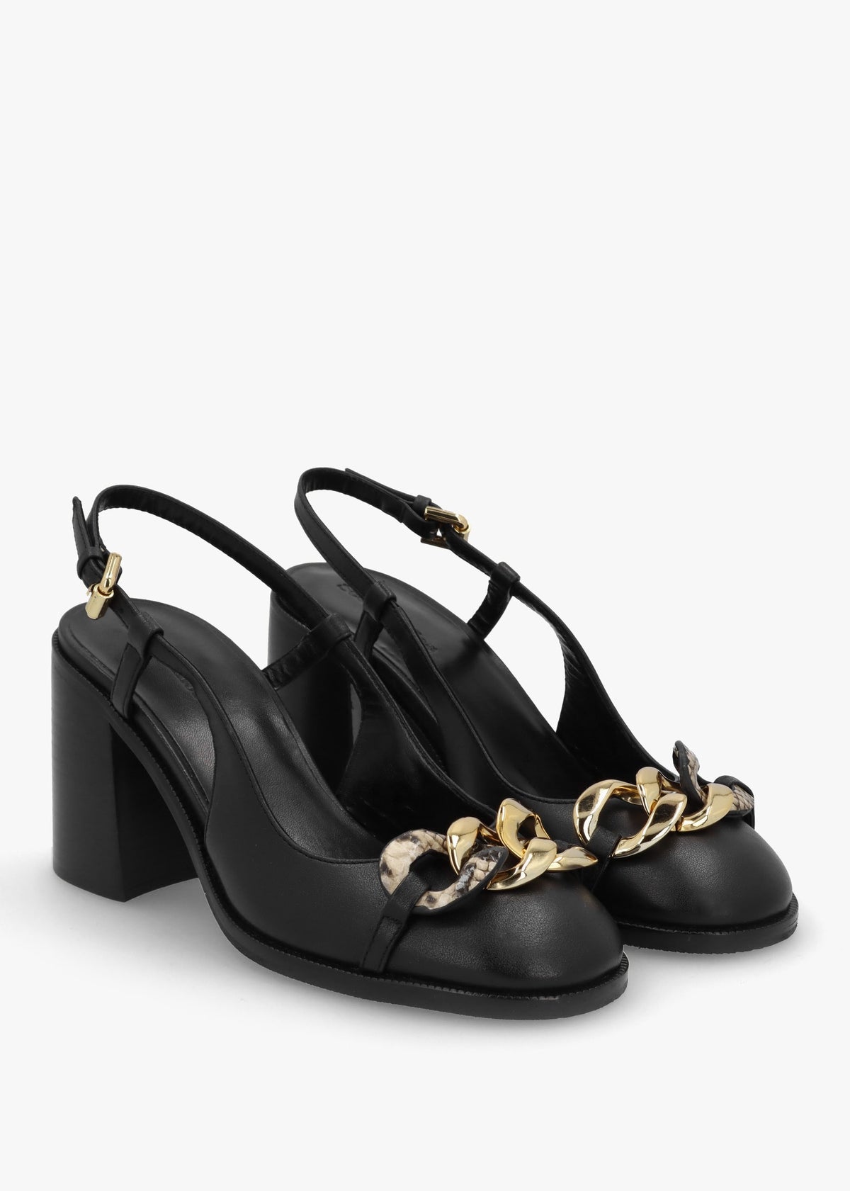 Chain Line Black Leather Block Heel Pumps