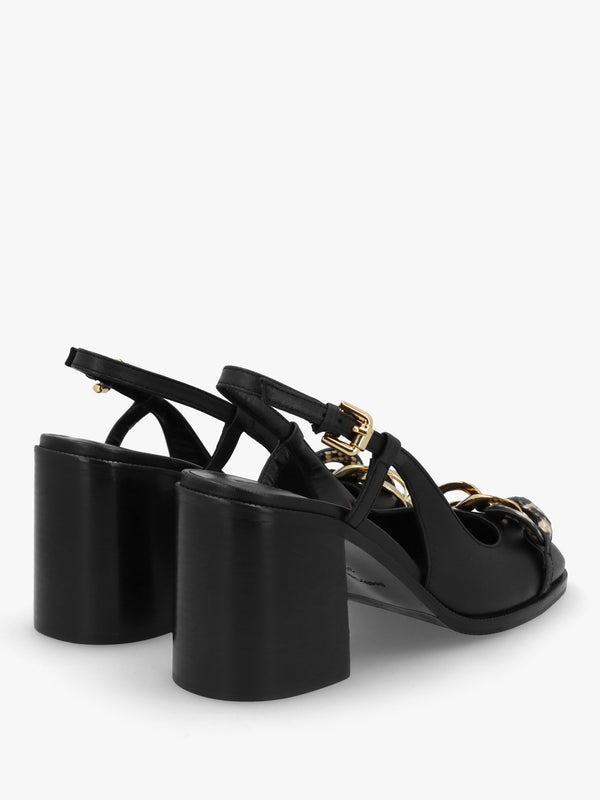 Chain Line Black Leather Block Heel Pumps