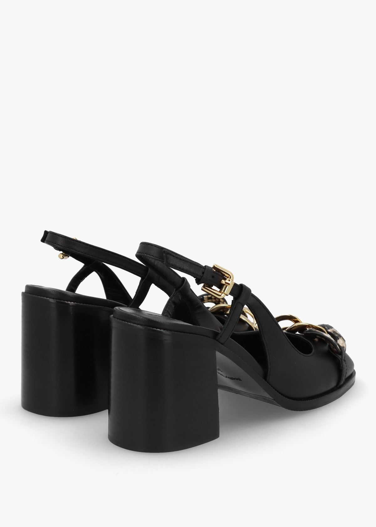 Chain Line Black Leather Block Heel Pumps