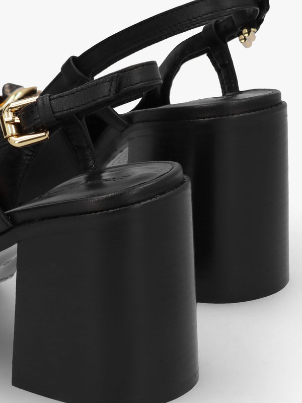 Chain Line Black Leather Block Heel Pumps