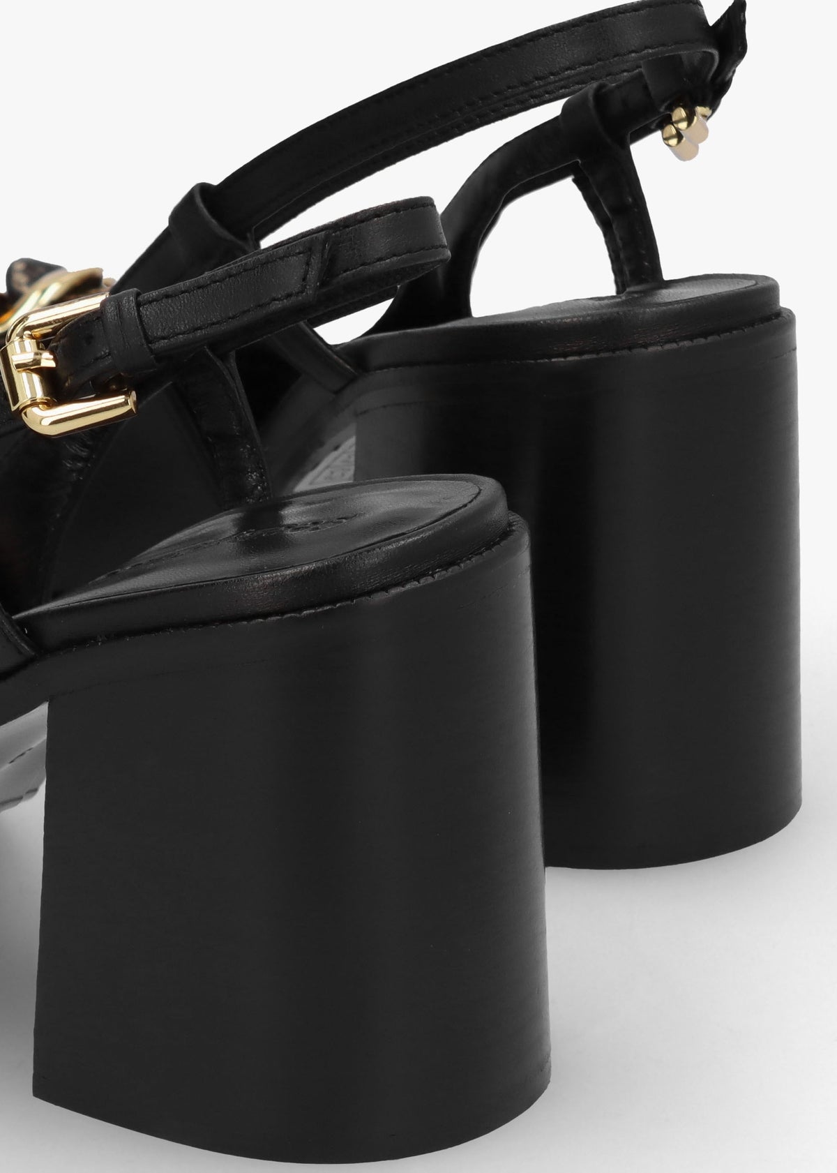 Chain Line Black Leather Block Heel Pumps