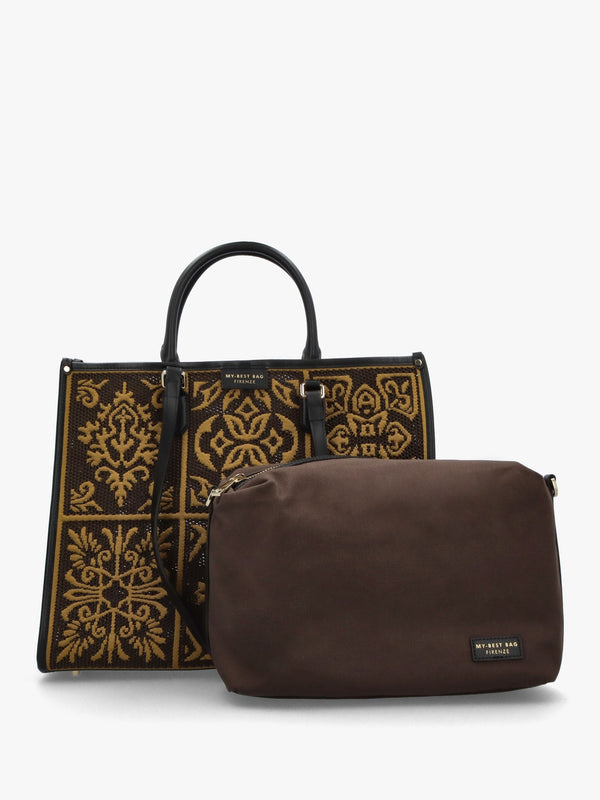 Brown & Mustard Embossed Crochet & Leather Tote Bag