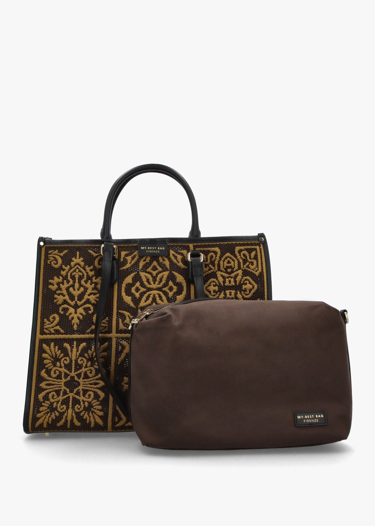 Brown & Mustard Embossed Crochet & Leather Tote Bag