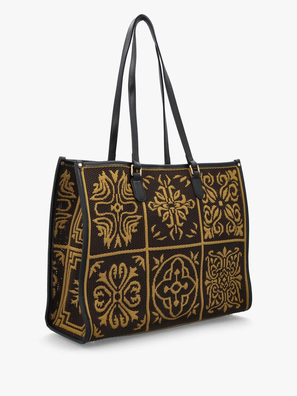 Brown & Mustard Embossed Crochet & Leather Tote Bag