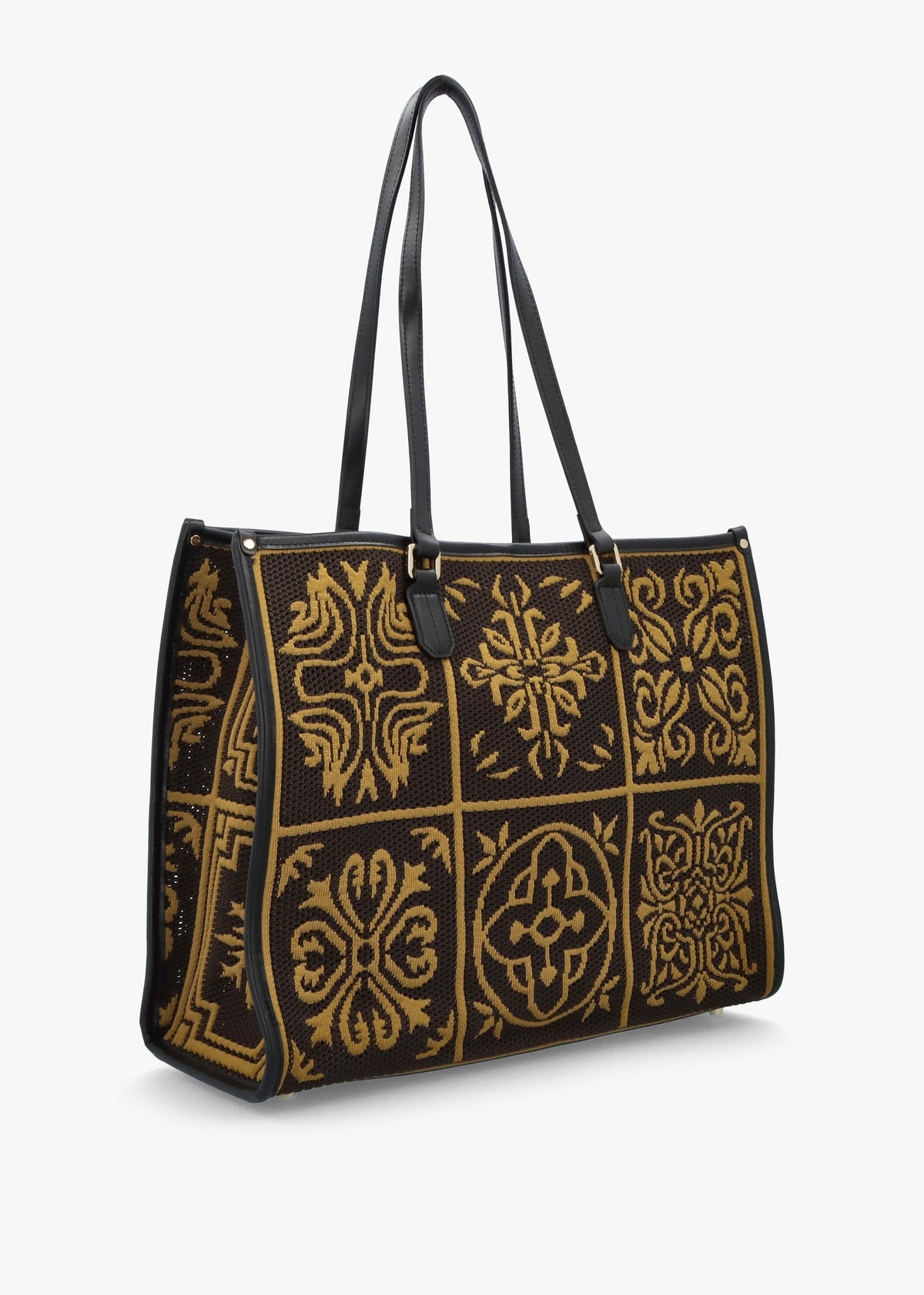 Brown & Mustard Embossed Crochet & Leather Tote Bag
