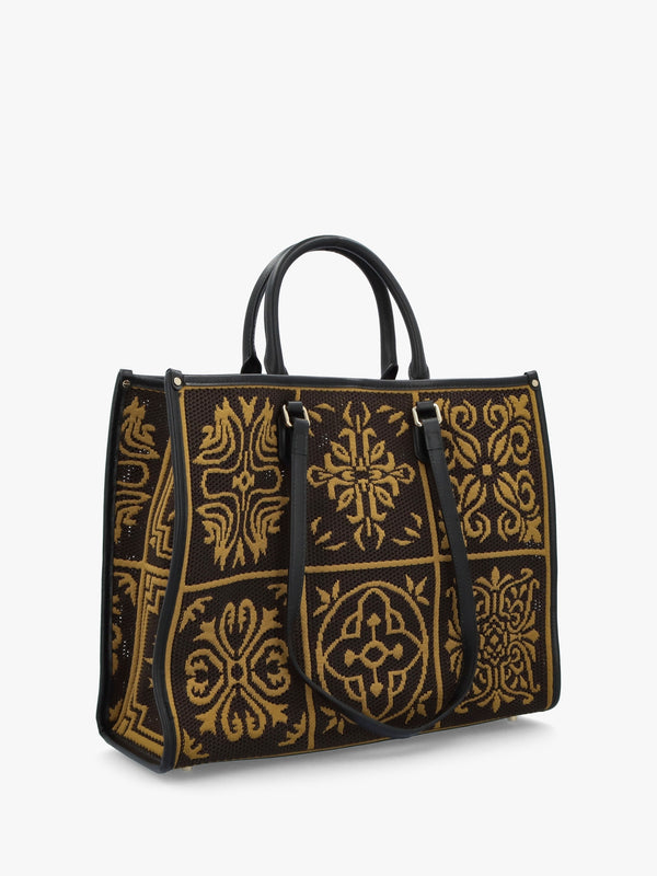 Brown & Mustard Embossed Crochet & Leather Tote Bag