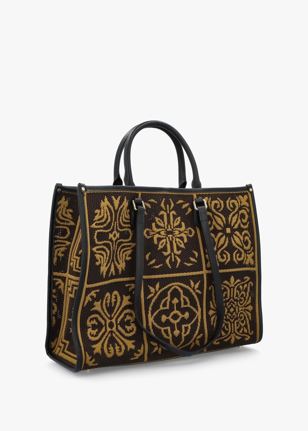 Brown & Mustard Embossed Crochet & Leather Tote Bag