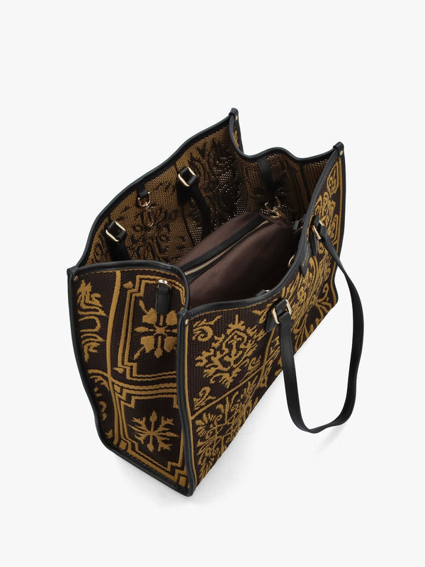 Brown & Mustard Embossed Crochet & Leather Tote Bag