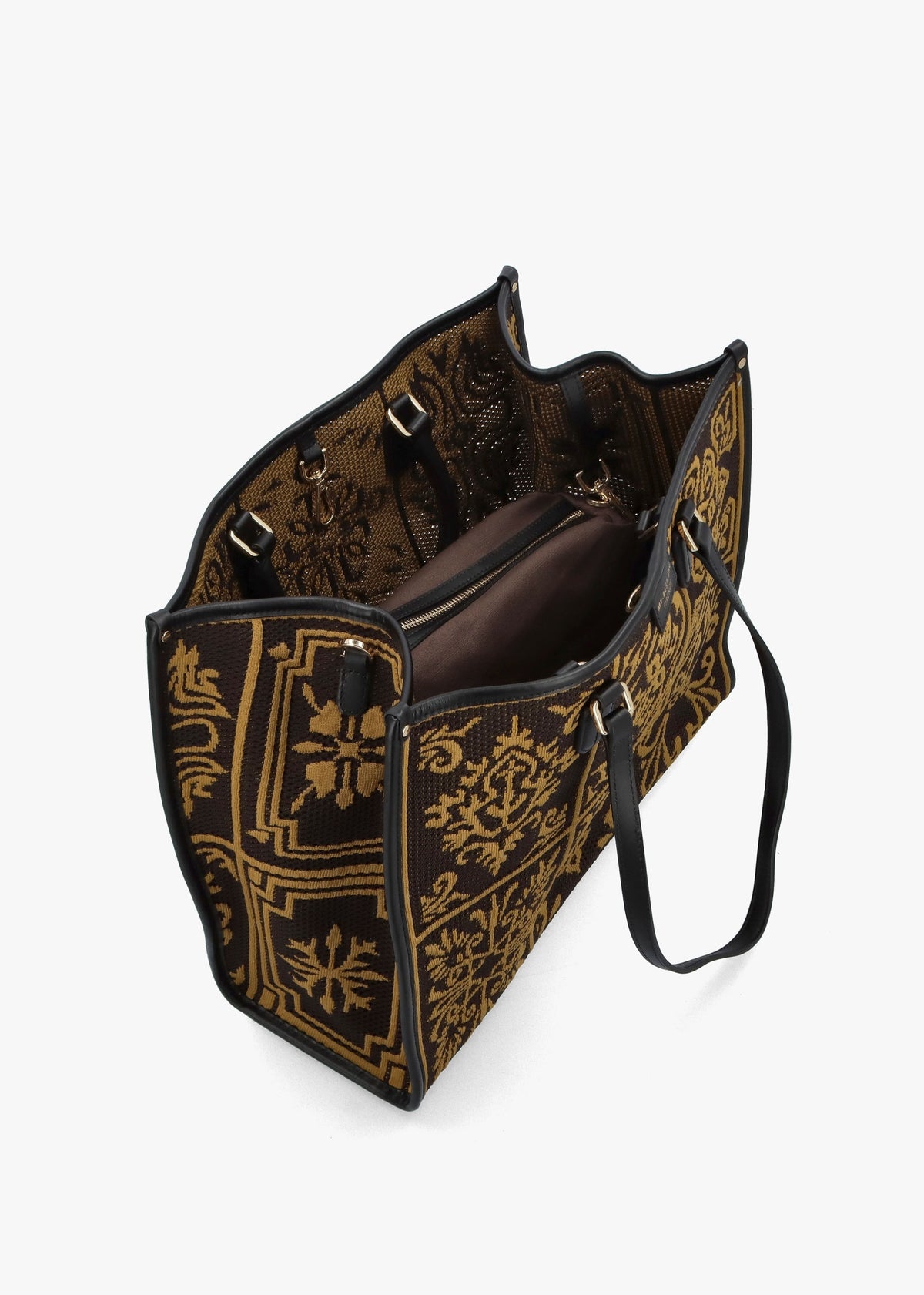 Brown & Mustard Embossed Crochet & Leather Tote Bag
